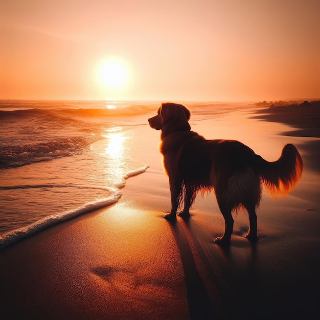 Foto cane sulla spiaggia al tramonto al mattino