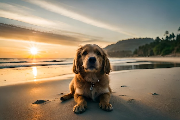 A dog on the beach at sunset