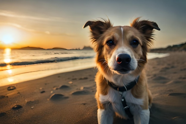 夕暮れ時の浜辺の犬