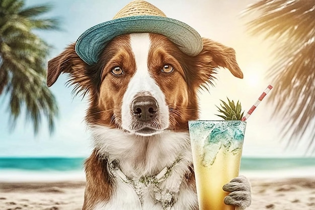 Dog on the beach with a cocktail Generative AI