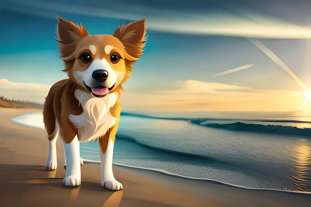 a dog on a beach with a sky background