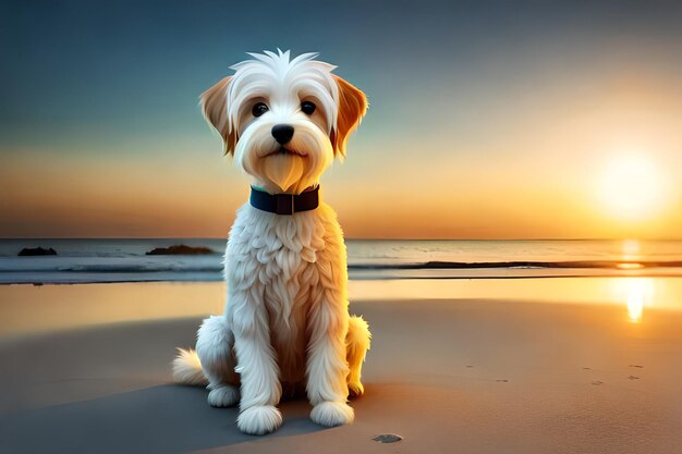 A dog on a beach with the sun behind him