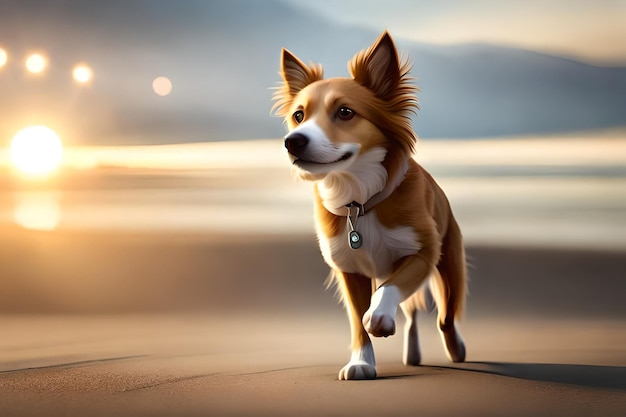 a dog on a beach with the sun behind him