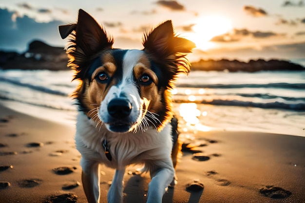 Собака на пляже с солнцем за спиной