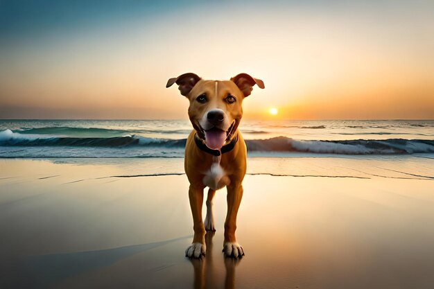 a dog on a beach with the sun setting behind him