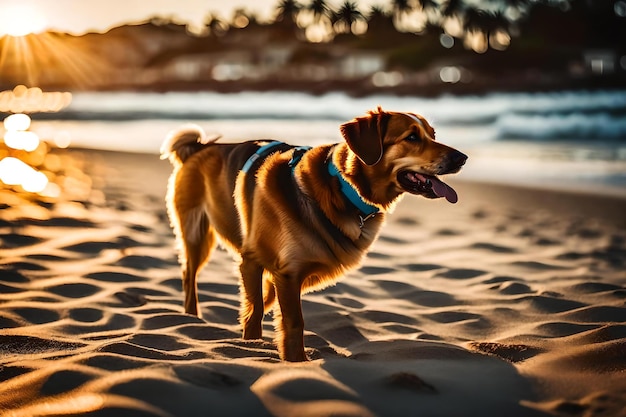 A dog on the beach with the sun setting behind him.