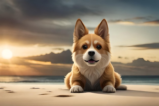 a dog on a beach with the sunset in the background