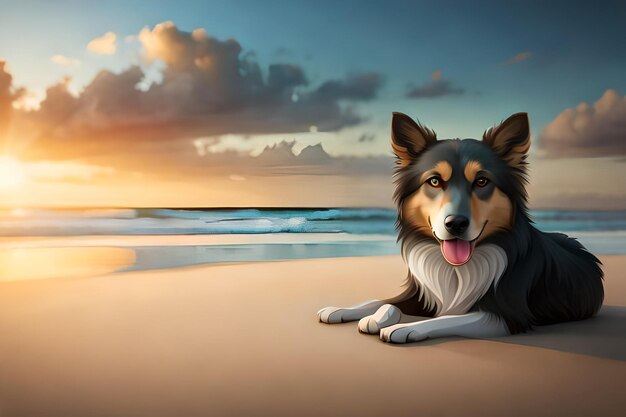 a dog on the beach with sunset in the background