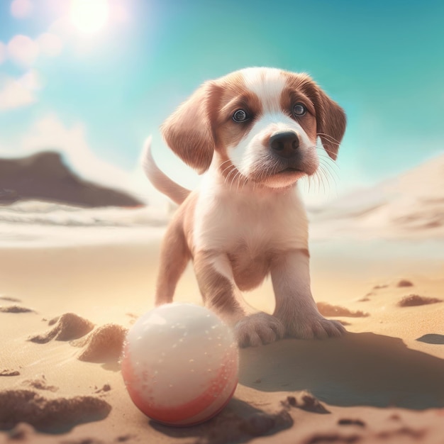 Dog beagle summer playing activity Dog beagle cute puppy standing in sand Generative AI