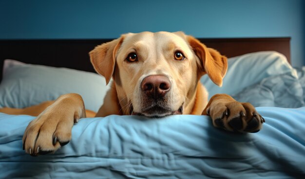 Foto cane su un letto close-up foto umoristica