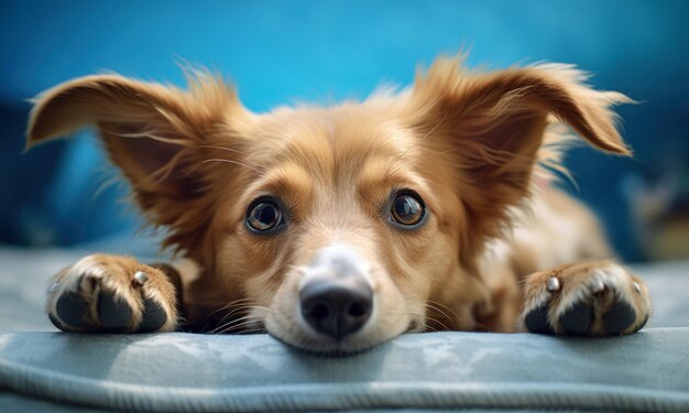 Photo dog on a bed is smiling closeup humorous