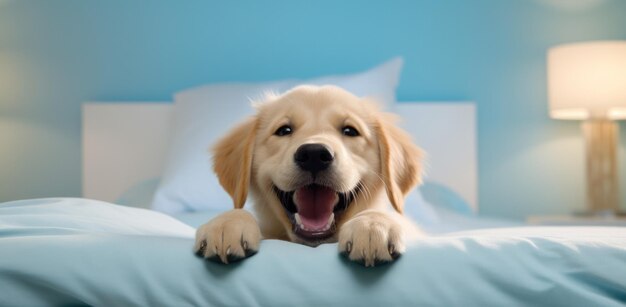 Photo dog in a bed is smiling closeup humorous