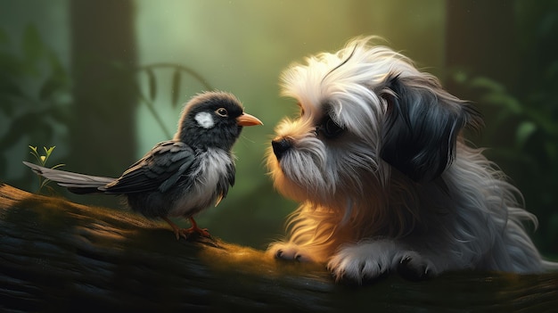 собака и птица на бревне с птицей, смотрящей на нее.