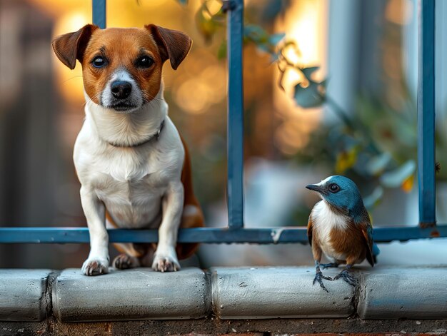 A dog and a bird sitting on a railing