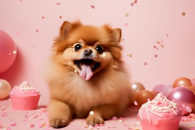 dog in a birthday hat on a pink background in the studio space for text Image generated by AI