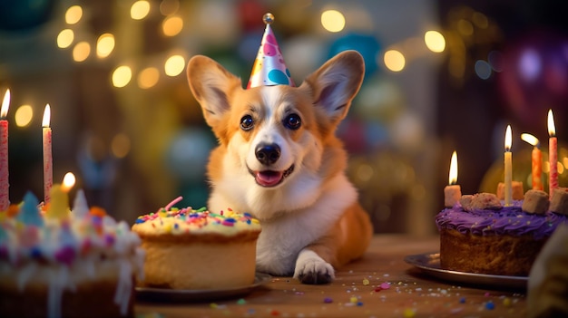 A dog in a birthday hat with a cupcake and a cake