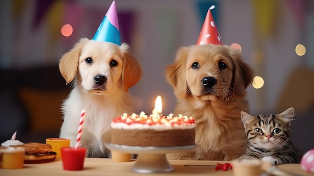 Dog birthday party kitten celebration with cakeGenerative ai