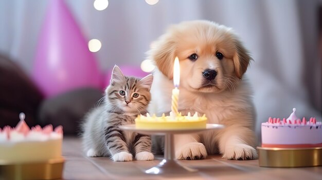犬の誕生日パーティー、子猫のケーキでのお祝いジェネレーティブ ai