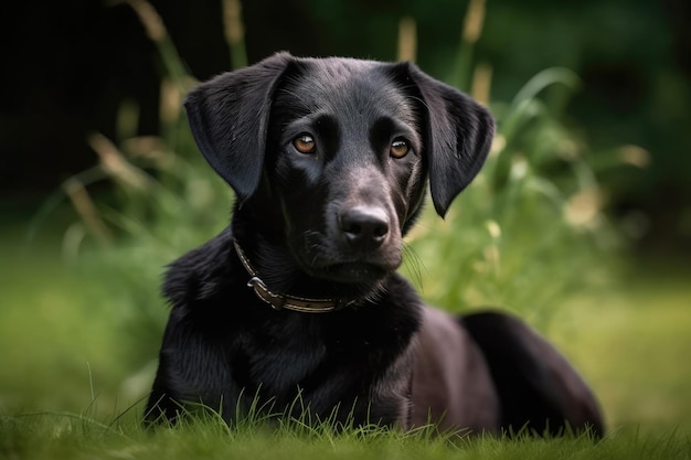 芝生に出発する黒い服を着た犬