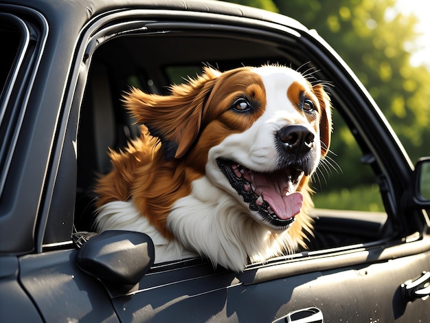 黒いトラックに乗って口を開けて舌を出している犬。