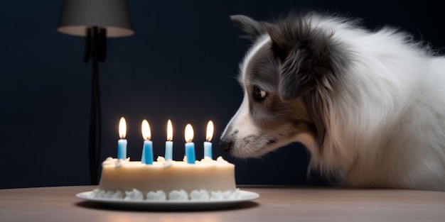 A dog blowing out candles on a cake