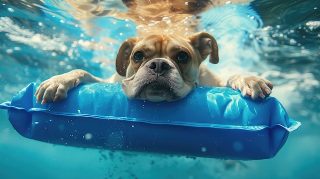 青いエアマットレスの上で爽やかな水を飲む犬