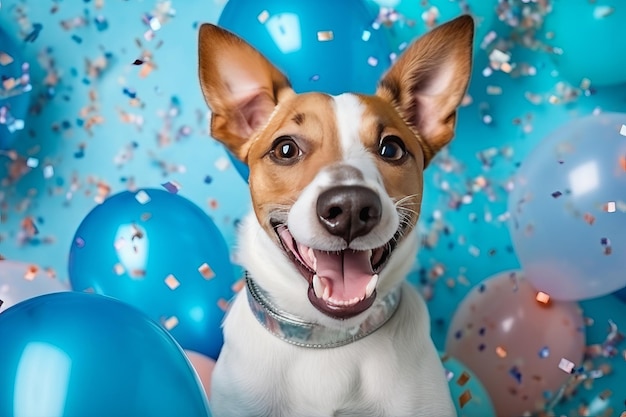 Dog on a blue background surrounded by blue balloons and confetti festive concept