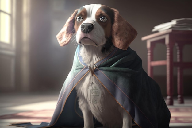 A dog in a blue cape sits in front of a desk.