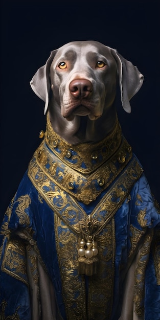 A dog in a blue and gold dress