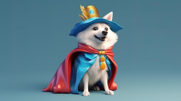 A dog in a blue hat and a blue hat with a gold crown