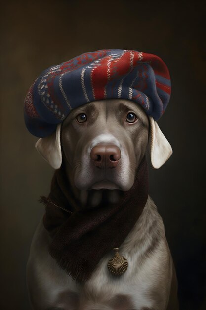 A dog in a blue hat