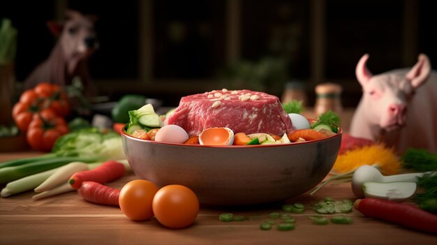 Dog bowl filled with chunks of raw beef surrounded by an egg large bone and assorted vegetables for a healthy balanced animal diet Generative AI