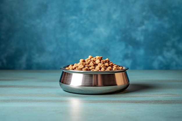 dog bowl with dry food on wooden table on blue background copy space generative ai pets care