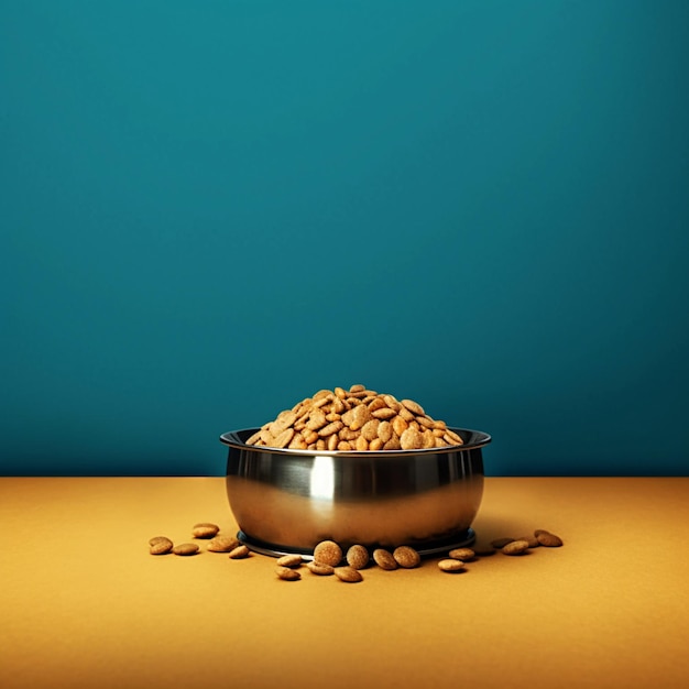 dog bowl with dry food on yellow table on blue background copy space generative ai pets care