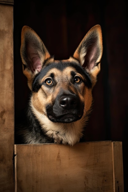 A dog in a box with a black background