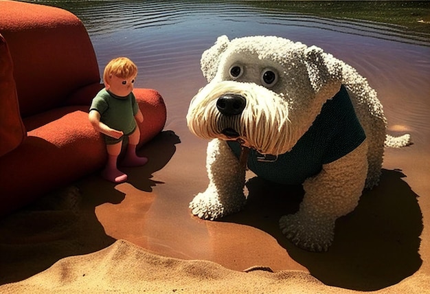 A dog and a boy are sitting on a couch and the water is reflecting a large white dog.