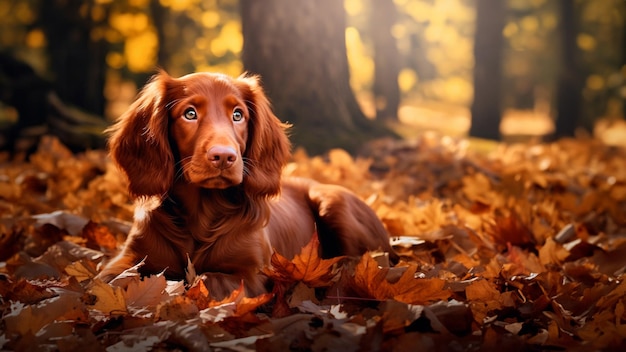 Dog breed Irish setter lies in the autumn leaves in the park on sunny day
