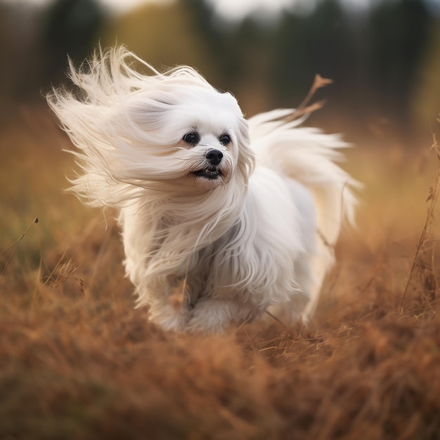 犬種マルチーズは野原を横切って走り、長い白い羊毛が風になびくかわいい犬