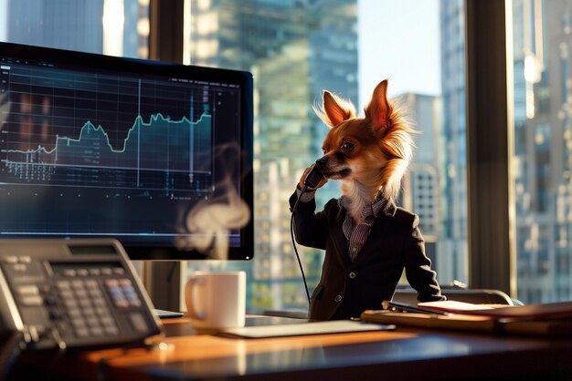 A dog broker in a suit talking on the phone against the background of charts on the screen