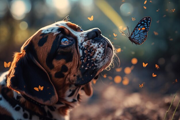 Photo dog bulldog among butterflies in the forest generative ai