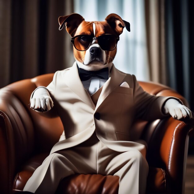 Photo dog in business suit and glasses sitting in chair