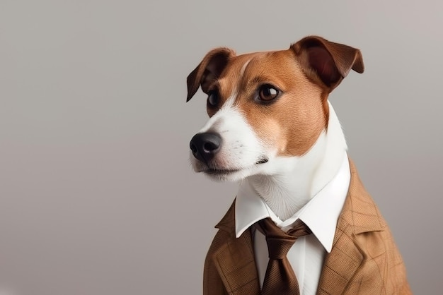 灰色の背景に分離されたビジネス スーツを着た犬