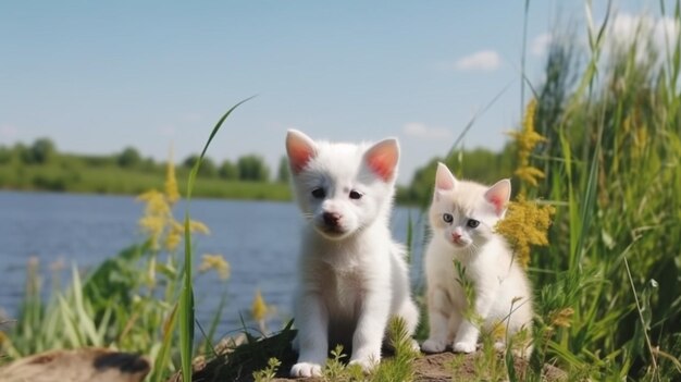 собака и cacfunny пушистый щенок и котенок сидят на пляже с дикими цветами и в море на закате