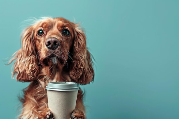 犬のカフェコッカー・スパニエル犬が青い背景にコーヒーを飲んでいます