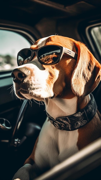 Un cane in macchina con gli occhiali da sole