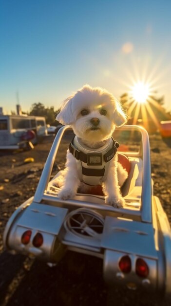 Photo a dog in a car with the sun setting behind it