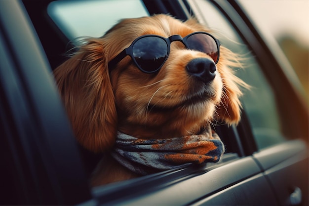 A dog in a car with sunglasses on and a scarf around his neck.