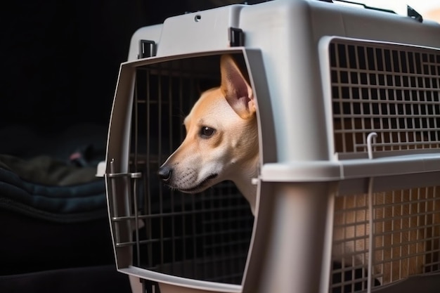 Dog in carrier cage Travelling with pet Generative AI