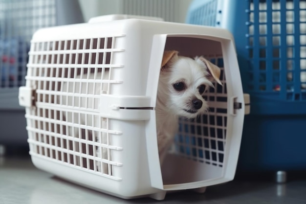 Dog in carrier cage Travelling with pet Generative AI