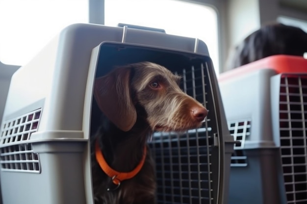 Dog in carrier cage Travelling with pet Generative AI